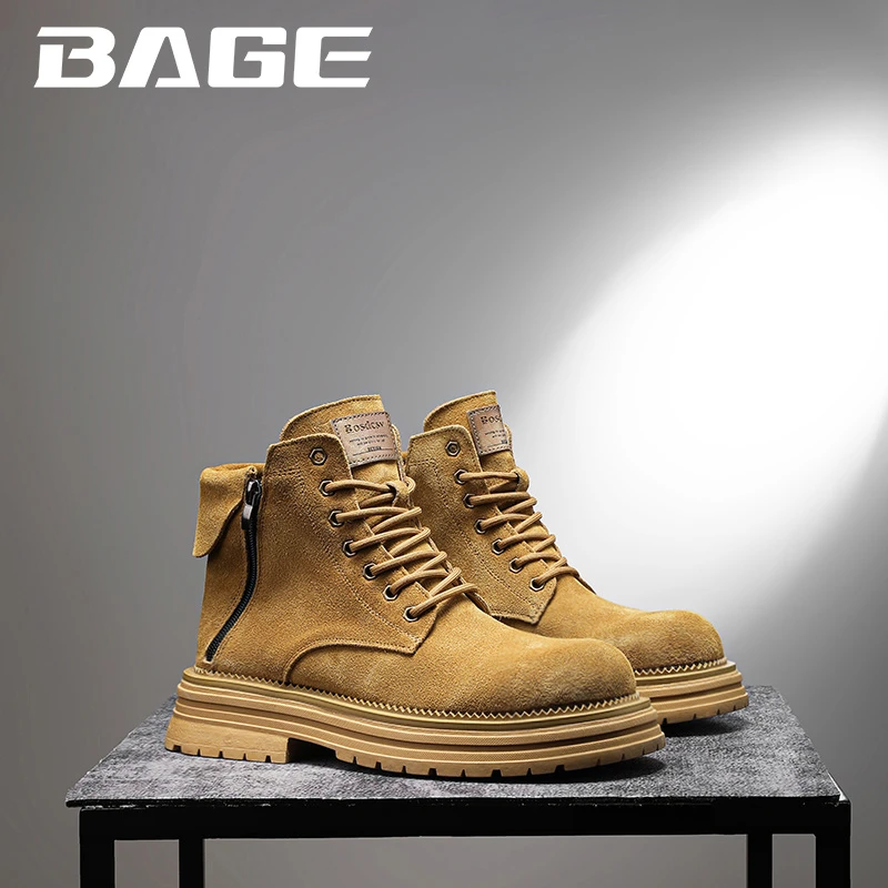 八哥马丁靴男春季新款英伦风中帮皮靴男士踢不烂机车大黄工装潮靴