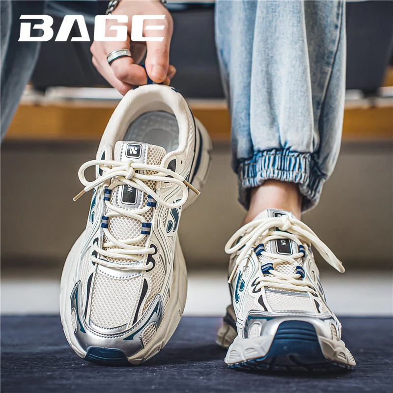 八哥男鞋2025春季新款网面透气青少年跑步鞋休闲运动厚底老爹潮鞋