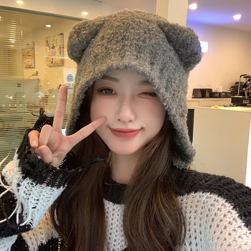 可爱小熊毛绒护耳帽女秋冬百搭大头围显脸小毛线帽保暖秋冬针织帽