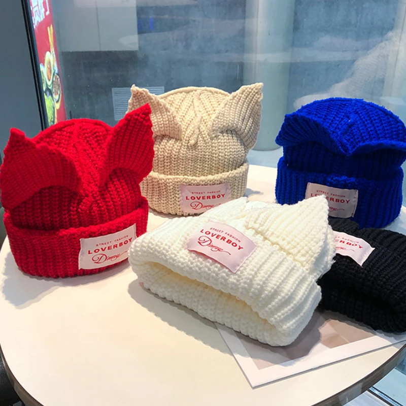 纯萃美新款秋冬百搭潮大耳朵白色针织毛线帽子女高贵上档次针织帽