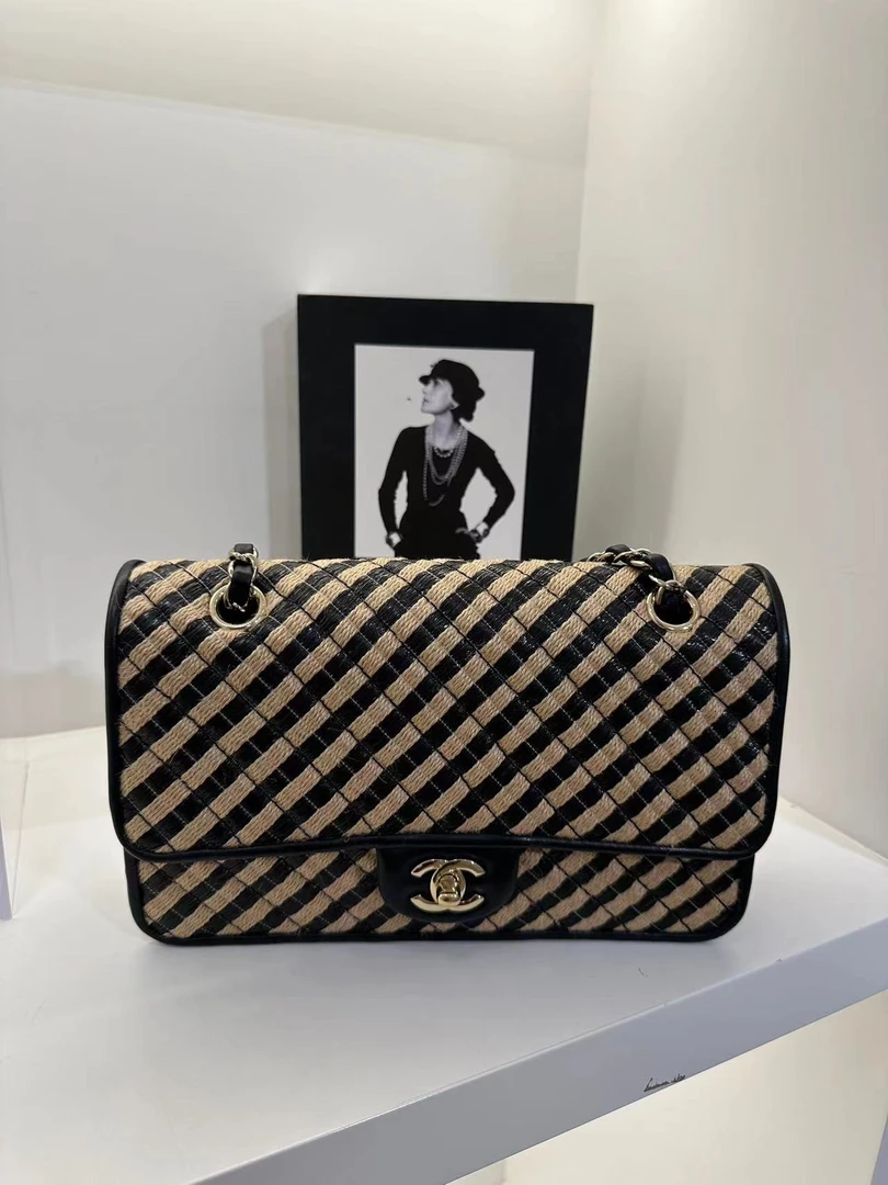 95新 Chanel/香奈儿 HIHI/编织拉菲草金扣中号CF链条包 31开