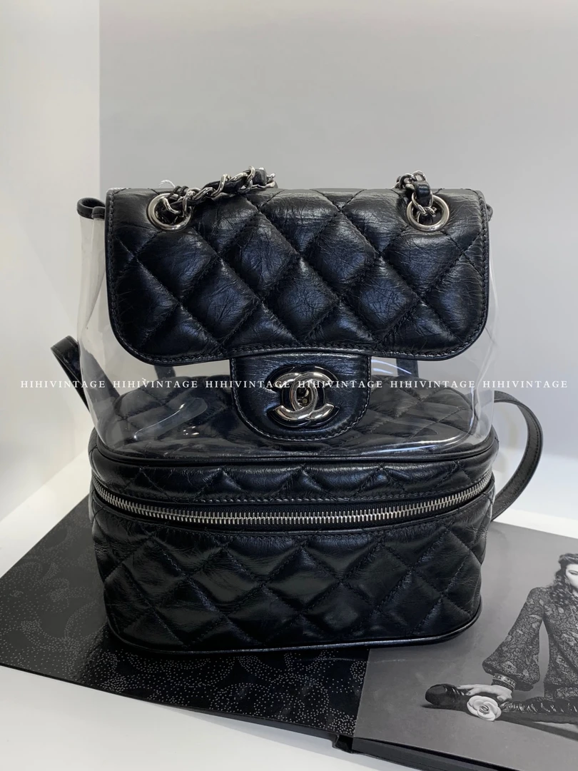 99新 Chanel/香奈儿 HIHI精选/Chanel 黑色油蜡皮pvc透明链条包