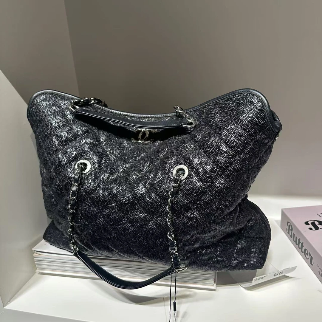 95新 Chanel/香奈儿 HIHI/ 黑银荔枝纹HOBO单肩包底长39CM无肩带
