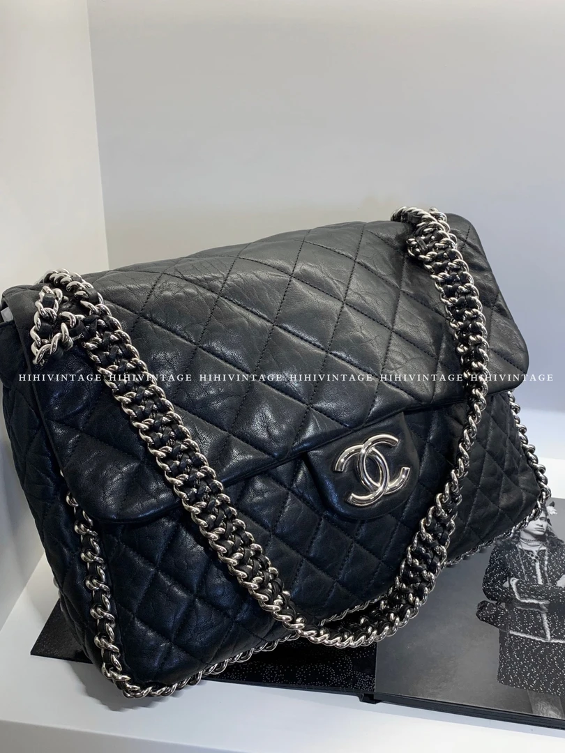 95新 Chanel/香奈儿 HIHI/黑银滚边机场包 14开/10282099/一店