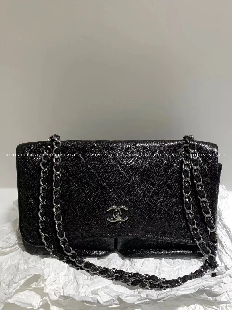 95新  HIHI精选/Chanel黑银荔枝纹双口袋斜挎包/7854456