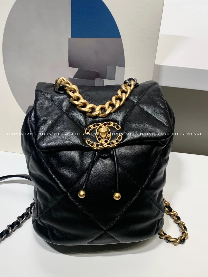 99新 Chanel/香奈儿 HIHI/24C黑金双金珠19bag双肩包/8000662