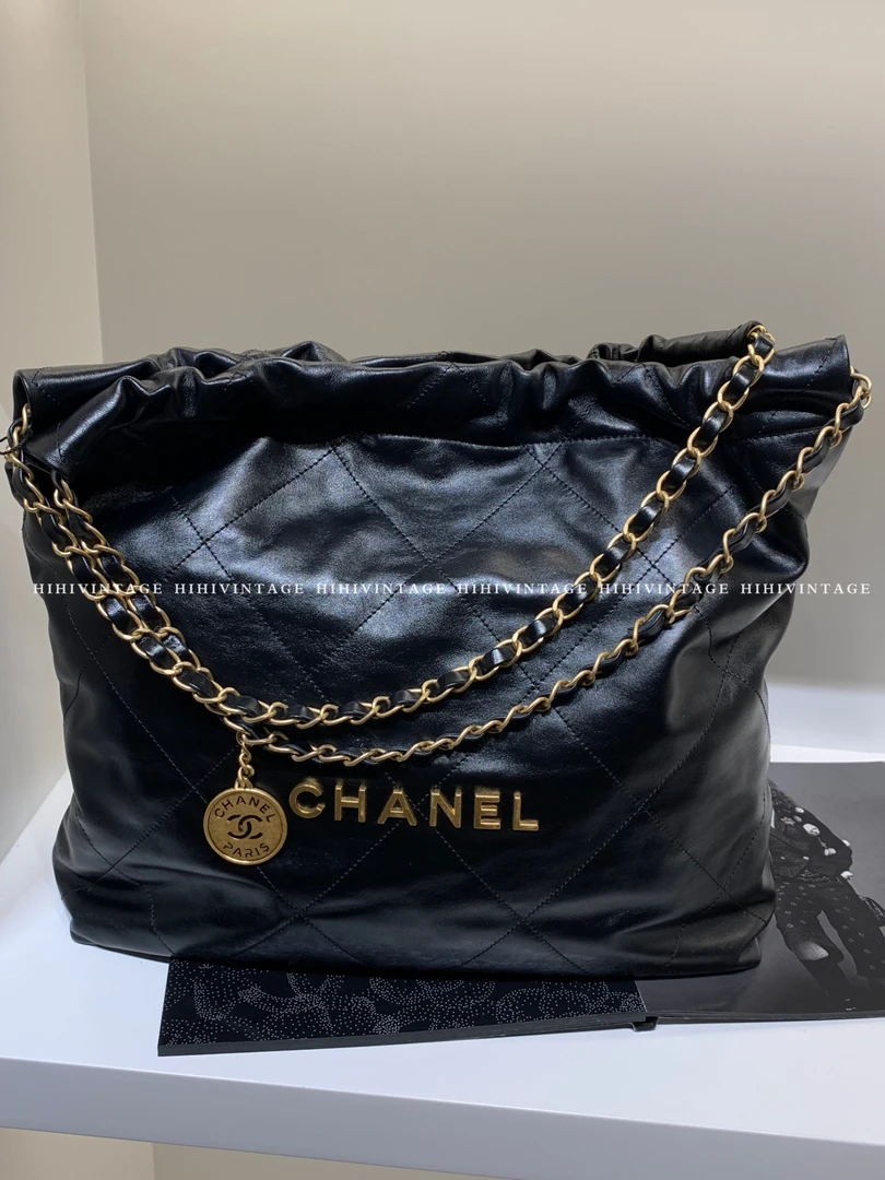 99新 Chanel/香奈儿 HIHI/Chanel 23S 黑金牛皮中号22bag