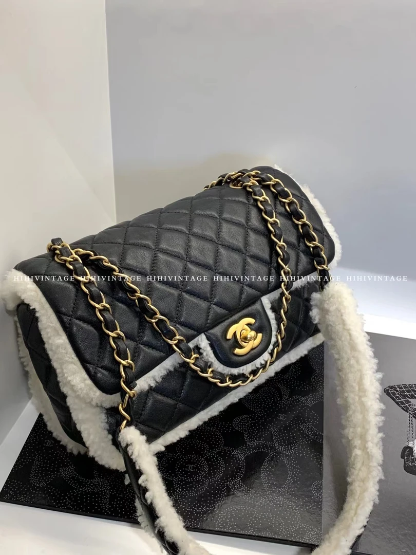 95新 Chanel/香奈儿 HIHI/21A 黑金羊皮拼羊羔毛CF链条包/5950837