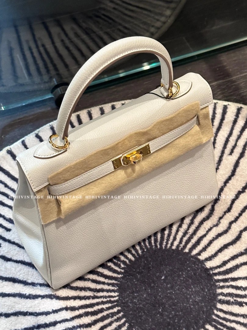 99新 Hermes/爱马仕 HIHI/Hermes爱马仕奶灰色金扣Kelly25