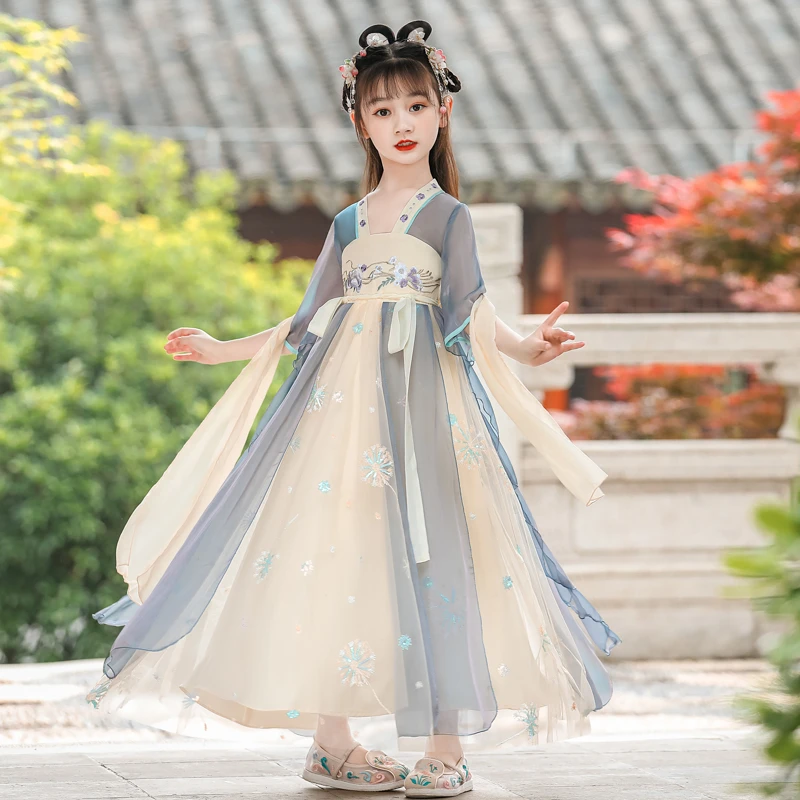 女童夏季新款汉服中国风薄款暮云纱连衣裙仙气小女孩古风表演裙子