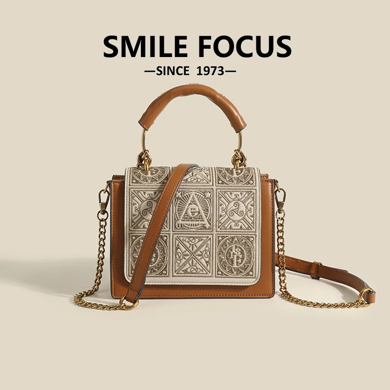 SMILE FOCUS重工刺绣手提包单肩斜挎包—2060琥珀棕