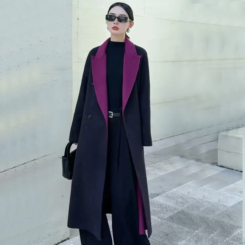 双面呢羊毛大衣2024秋冬新款网红双色气质中长款系带毛呢外套韩版