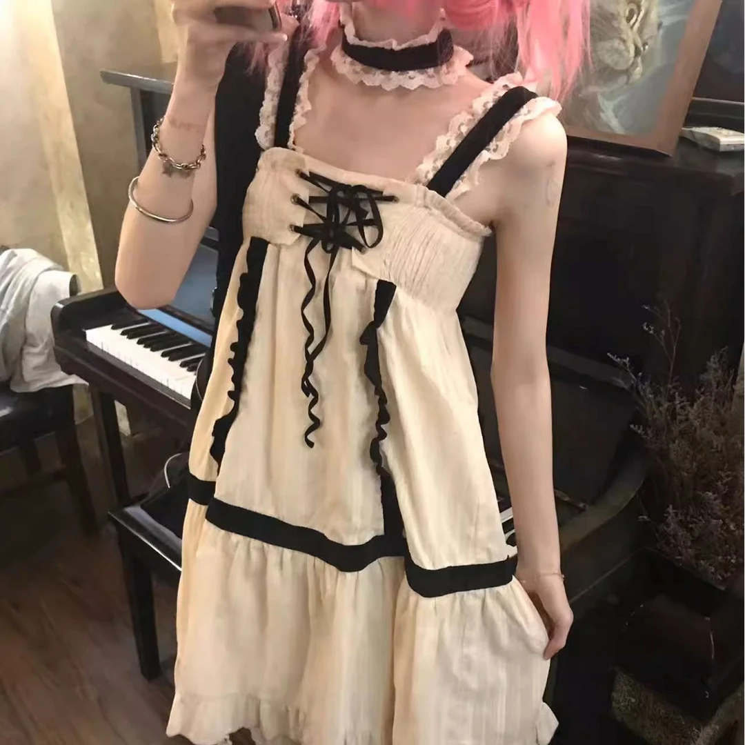 春日野too 连衣裙夏季复古新款蕾丝百搭丝绒不规则绑带古早吊带裙