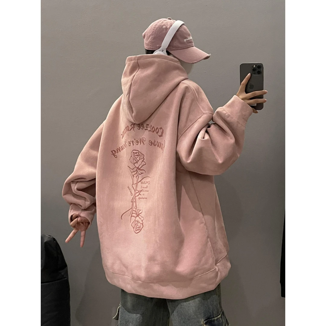 加厚大码300斤美式玫瑰设计麂皮绒春秋卫衣男女宽松加绒休闲外套