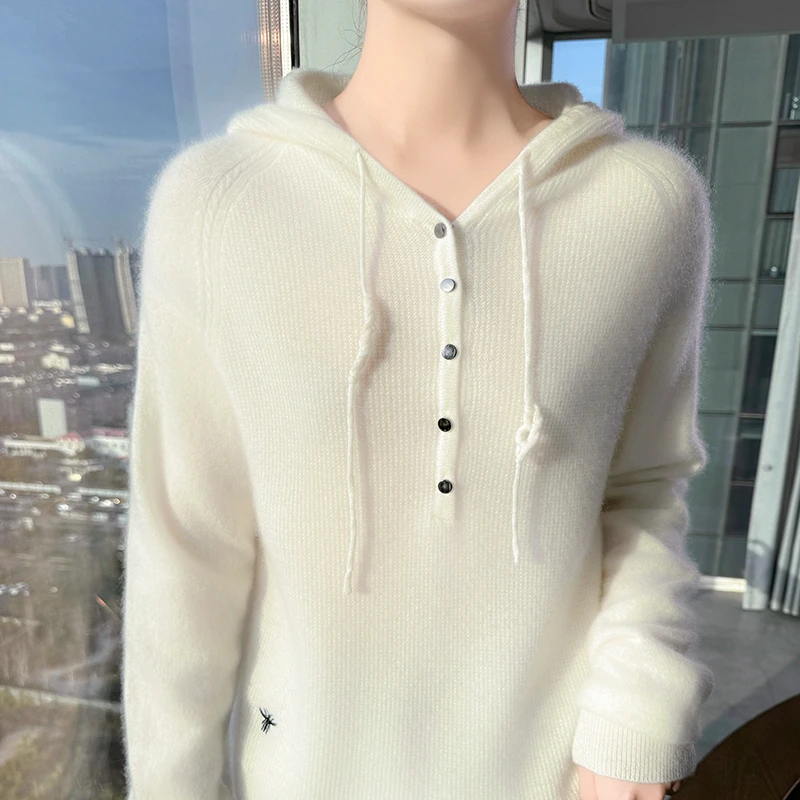 连帽卫衣羊毛衫刺绣套头毛衣女宽松羊毛纯色休闲带帽针织打底帽衫