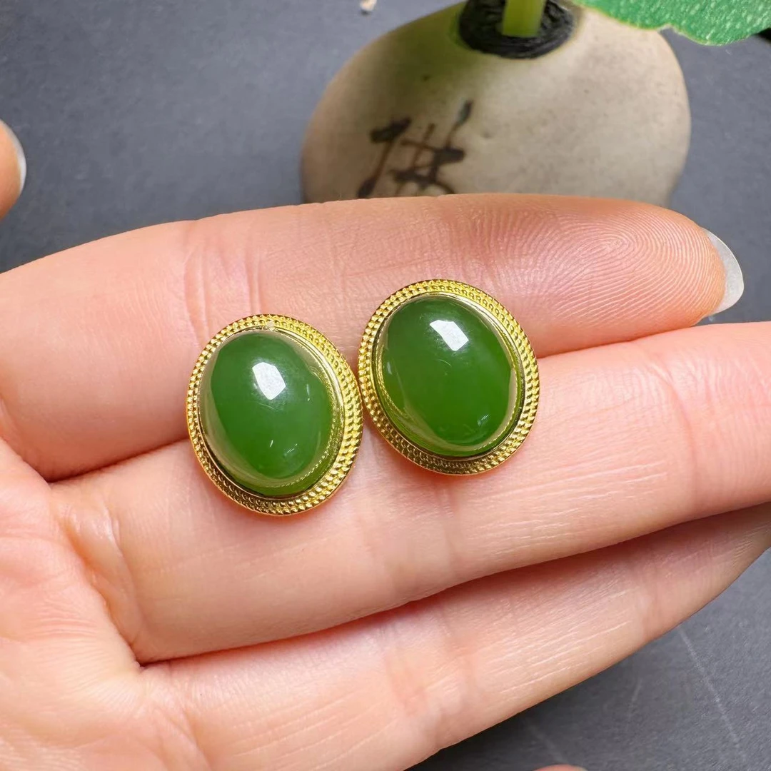 【嘉玉隆珠宝】天然和田玉俄料碧玉耳钉S925银镶嵌气质款