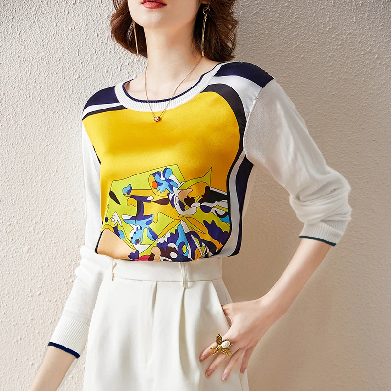 【2025年春季新品】22203重磅桑蚕丝拼接印花撞色时尚百搭圆领上衣