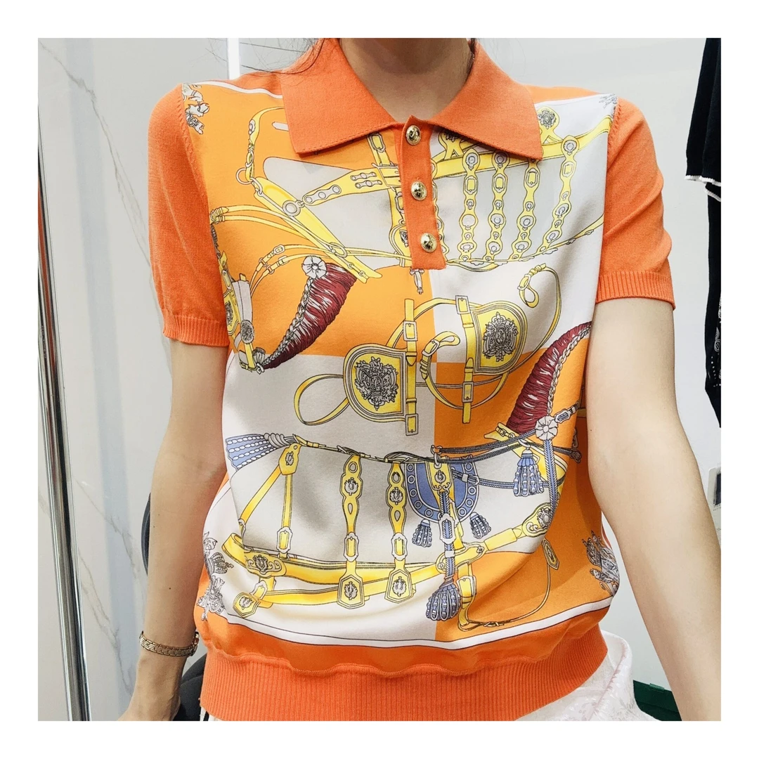 【2025夏季新款】23678桑蚕丝洋气休闲印花翻领时尚气质显瘦透气