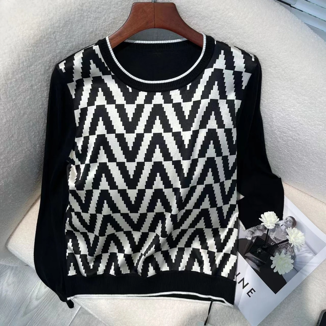 D【2025年春季新品】24008重磅桑蚕丝V字印花圆领拼接套头百搭宽松