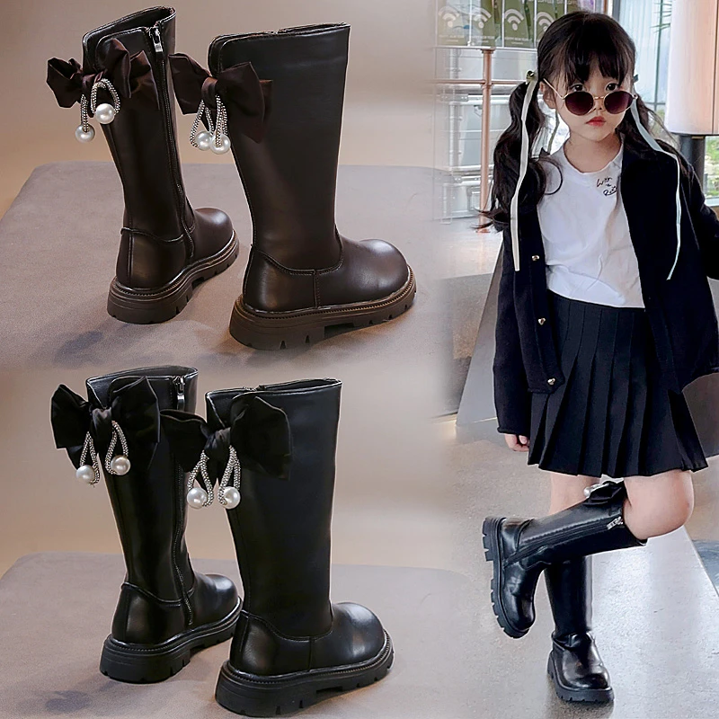 【奶思】女童长筒靴2024年秋季可爱珍珠蝴蝶结单靴儿童侧拉链长靴
