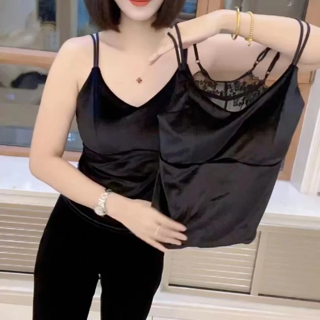 2333秋冬新款高级感气质蕾丝拼接丝绒高档百搭女士打底背心吊带