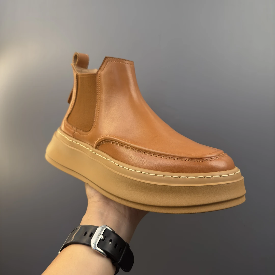 中帮真皮马丁靴2024秋季新款时尚休闲一脚蹬复古英伦风厚底靴子男