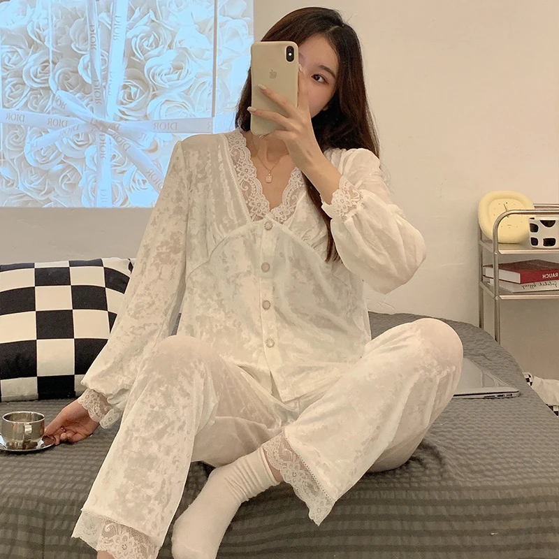 秋冬新款睡衣女白色蕾丝性感简约休闲风可外穿家居服两件套套装