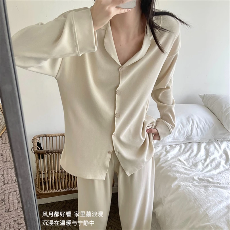 秋冬新款260克螺纹德绒睡衣女纯色可爱家居服女套装