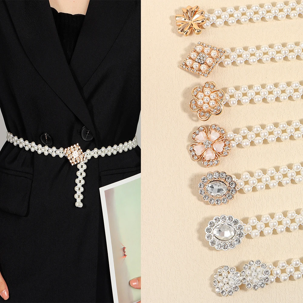 优雅甜美韩版珍珠女士腰链弹力松紧水钻花朵金属扣连衣裙时尚腰带