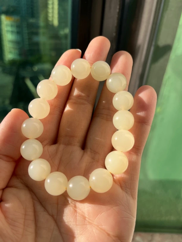 青海冰底油糯细润和田玉12号圆珠单圈手链