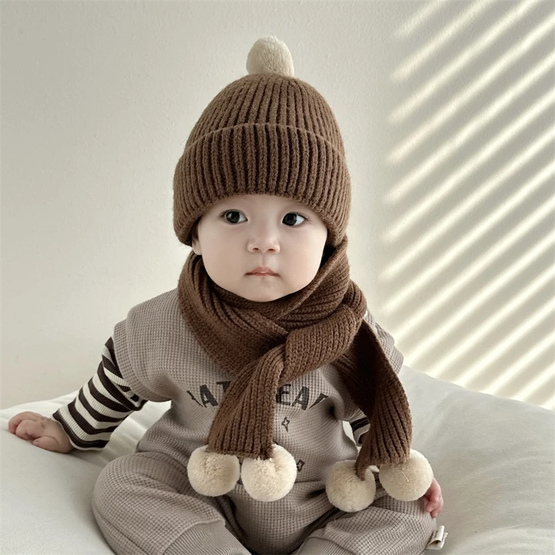 宝宝帽子围巾秋冬季婴儿两件套装保暖针织帽0-1-2到3岁儿童毛线帽