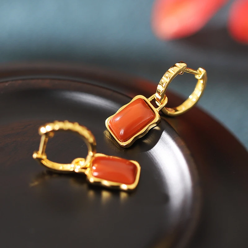 【重工】S925纯银南红玛瑙长方形耳坠女简约几何时尚耳环红色无事牌