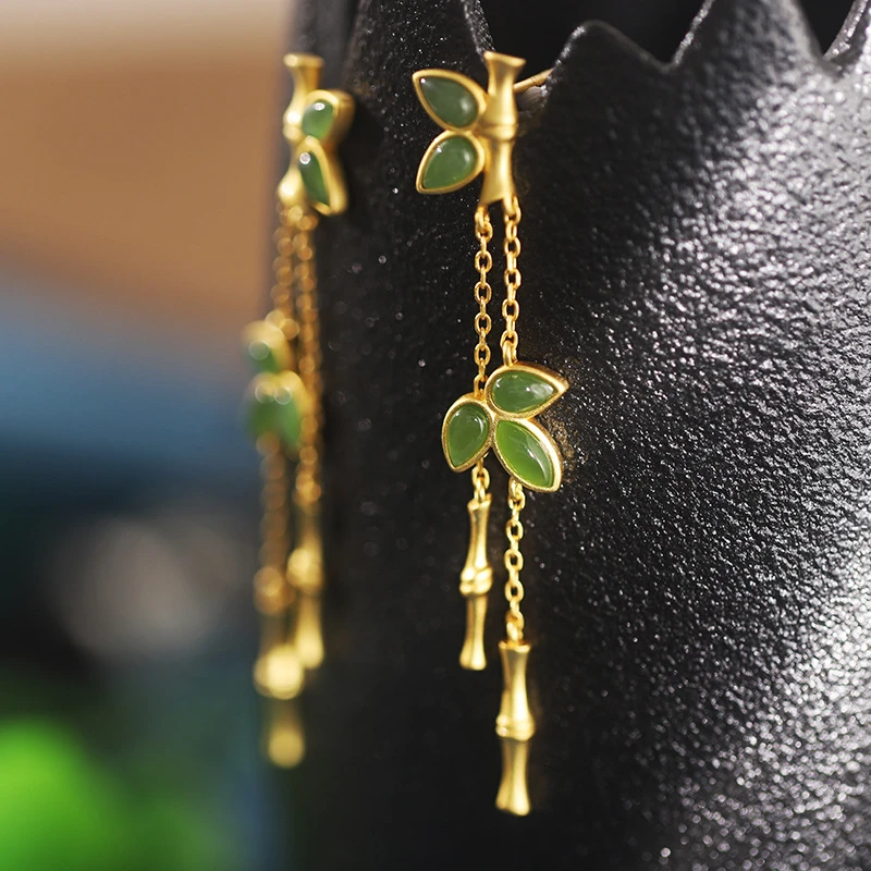 盛铃兰 925银耳饰 【重工】竹子竹节珐琅彩耳线国潮风复古气质