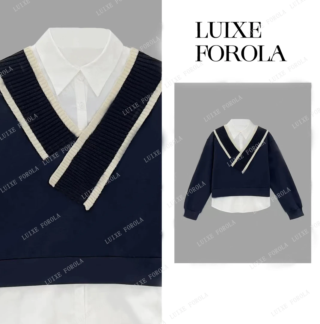 【FOROLA】 女装时尚休闲条纹假两件拼接重磅刺绣爱心显瘦长袖卫衣