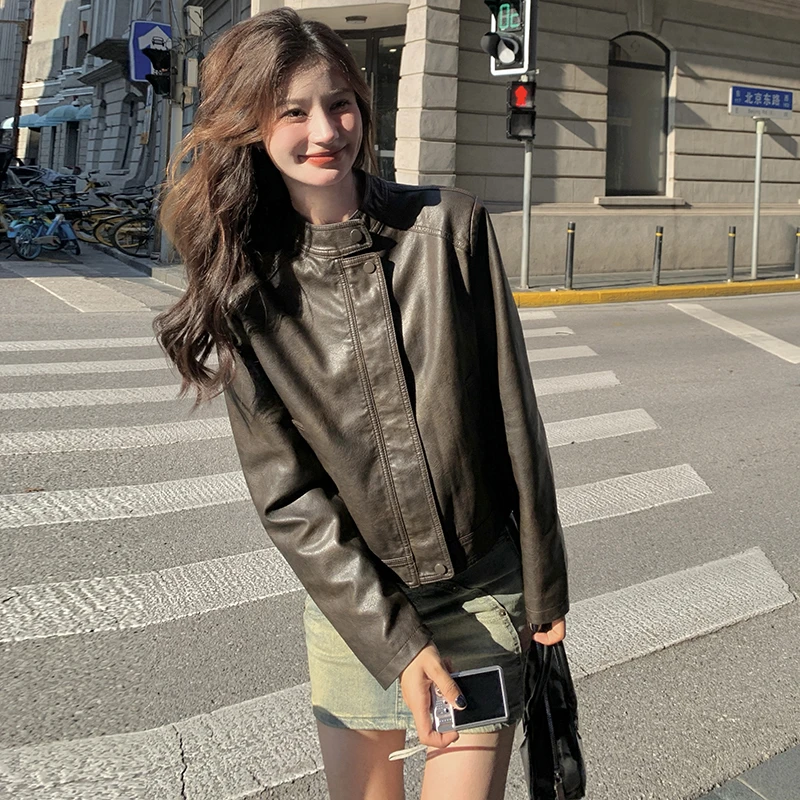 154短外套春秋季新款漂亮咖色皮衣外套女复古休闲短款机车百搭