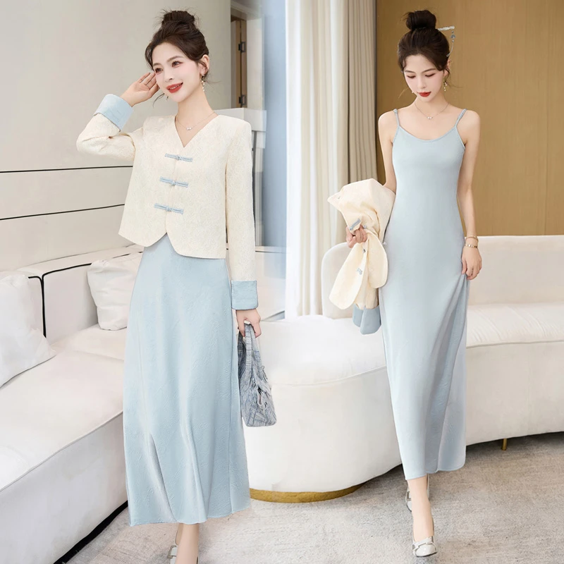 时尚套装2025新款春夏女装V领蕾丝撞色拼接复古减龄套装裙两