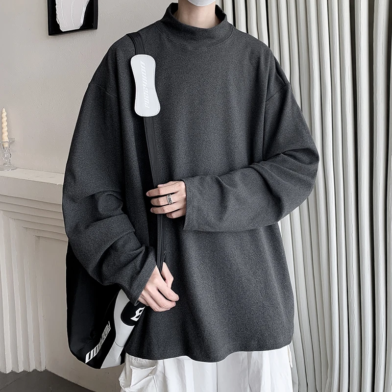 美式潮牌男士大码半高领打底衫保暖德绒卫衣内搭纯色打底衫T恤男