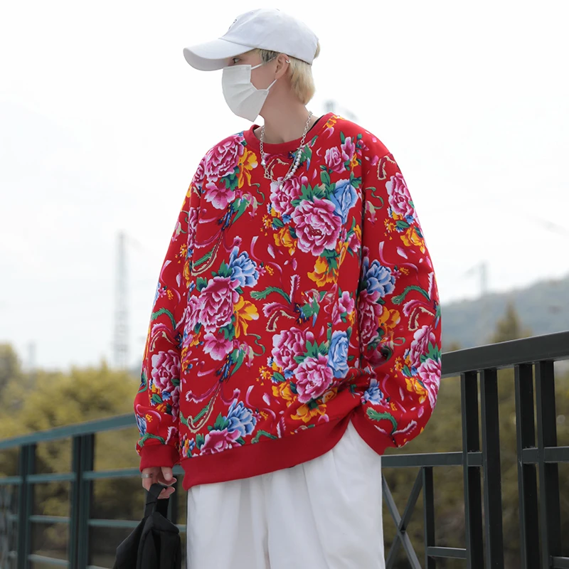 B203春装圆领大花大码卫衣外套男秋装休闲套头衫潮团队服火锅