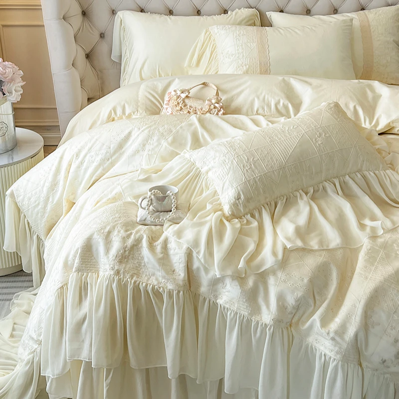 法式轻奢全棉100纯棉四件套奶油公主风荷叶边被套蕾丝仙女床裙款4