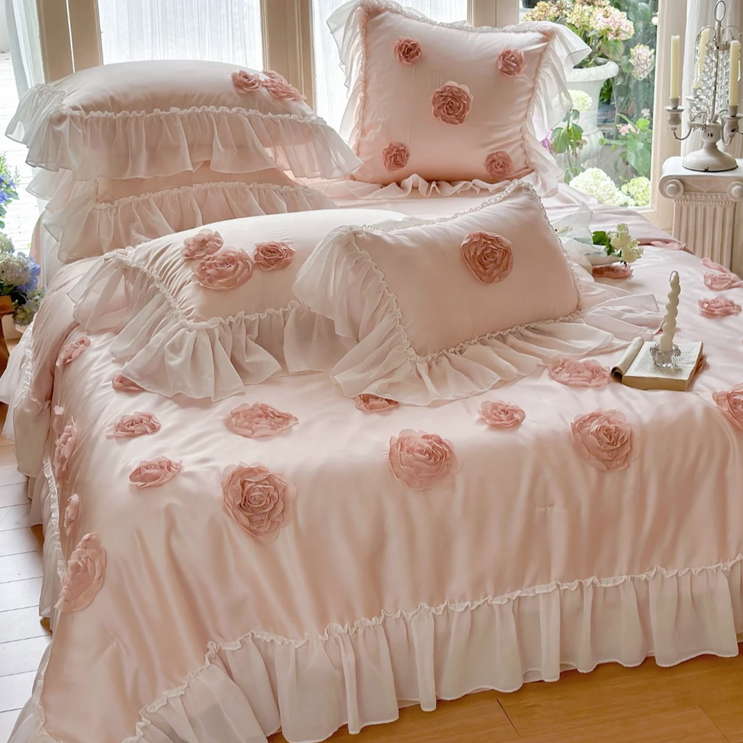 法式浪漫玫瑰蕾丝天丝夏凉被四件套可水洗空调被双人凉感冰丝薄被