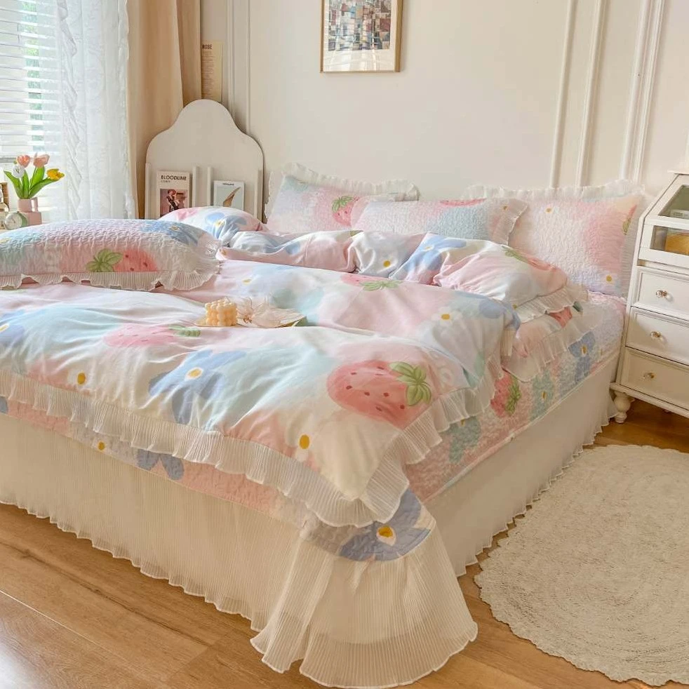 2024公主风仙气儿飘飘新款全棉加密绗缝夹棉雪纺花边床盖三四件套