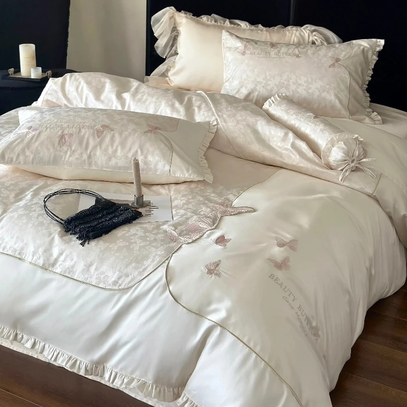 轻奢浪漫100S澳棉纯棉四件套全棉蝴蝶刺绣少女心提花被套床上用品
