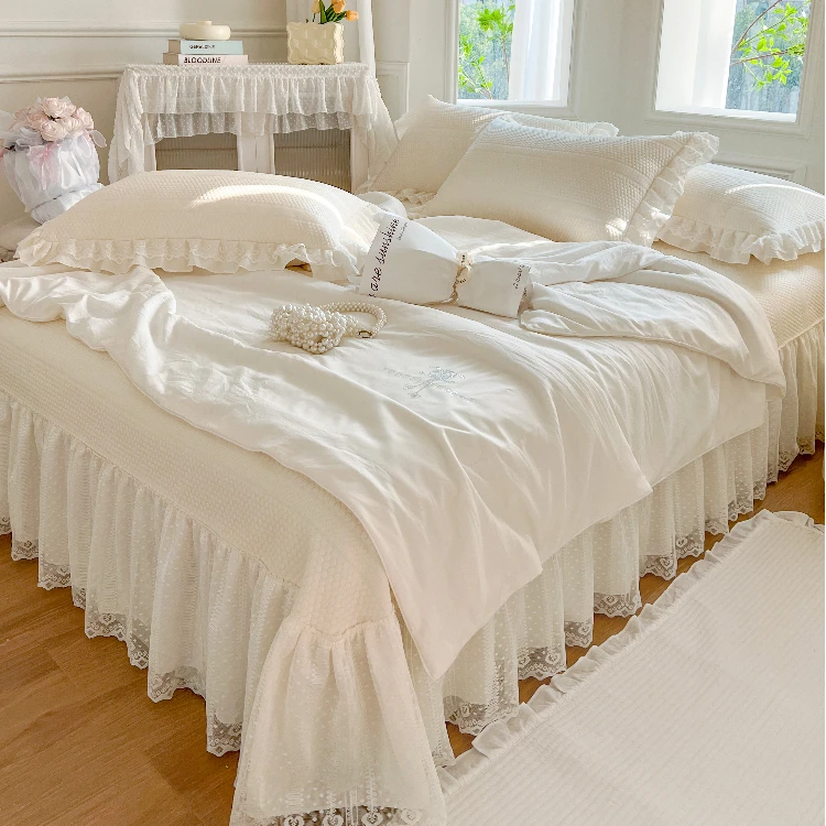 法式冰丝凉席夏凉被四件套公主风凉豆豆蕾丝边床盖款三件套可水洗