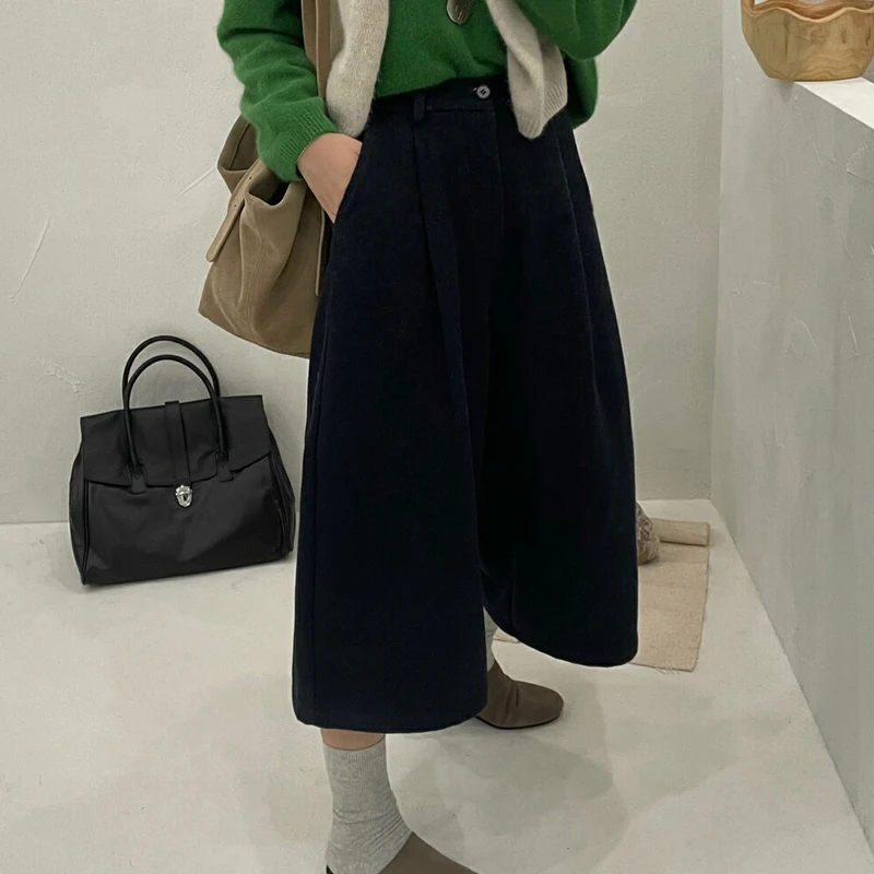 2024秋冬新款高腰显瘦百搭厚毛呢休闲裤女慵懒直筒阔腿百搭七分裤