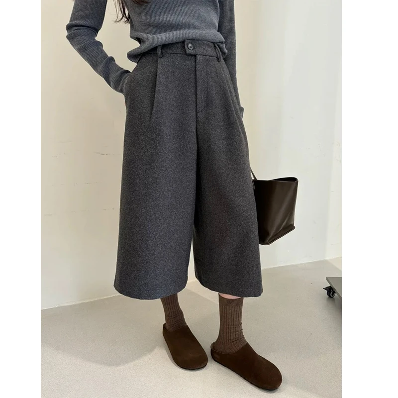 秋冬新款时尚百搭毛呢七分阔腿裤女高腰显瘦加厚宽松复古直筒裤子