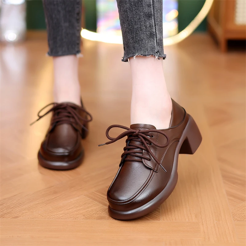 跟高6cm 复古英伦风小皮鞋女2024春季新款软底粗跟系带厚底乐福鞋