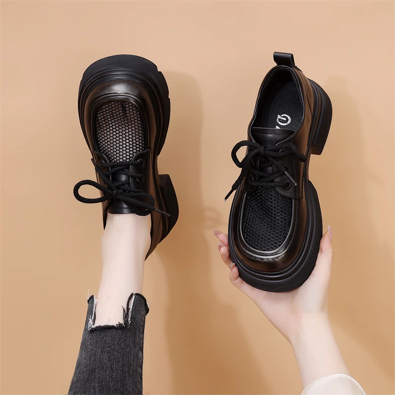 跟高5cm 英伦风夏季小皮鞋女2024夏季新款薄款厚底透气网面乐福鞋