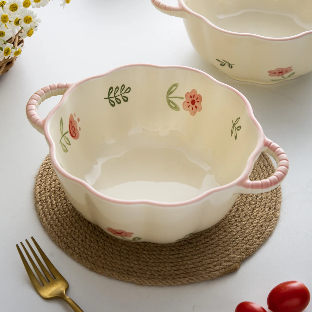 美二烧四季花家用釉下彩陶瓷餐具10英寸大容量大双耳汤碗汤盆