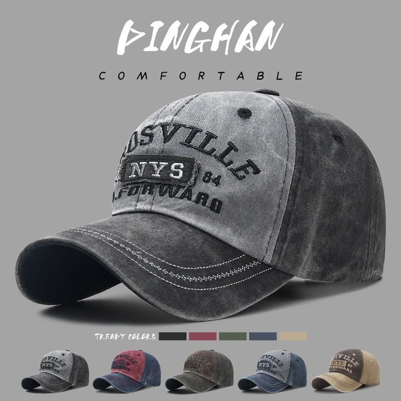新款水洗做旧字母刺绣鸭舌帽潮男户外时尚个性街头遮阳棒球帽子女
