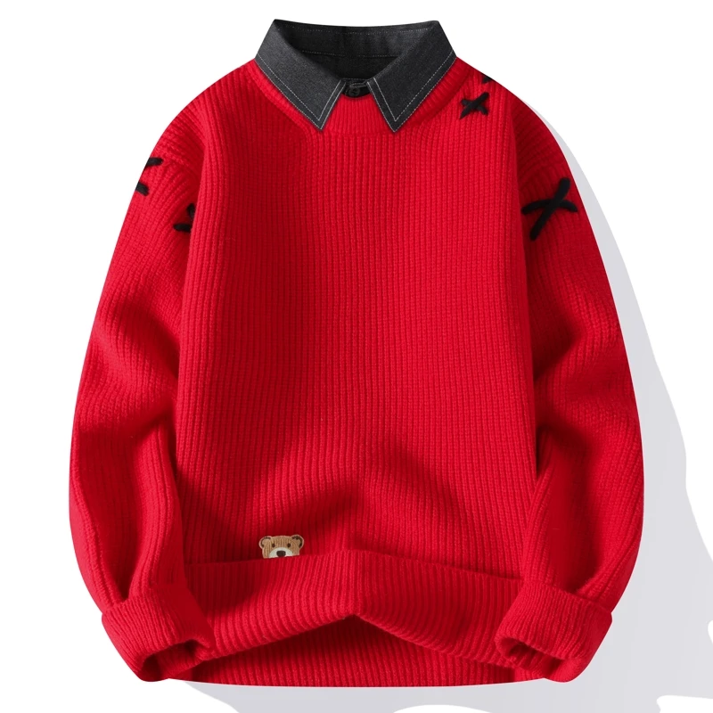 本命年大红色假两件衬衫领毛衣男秋冬青少年加厚针织衫保暖线衣潮